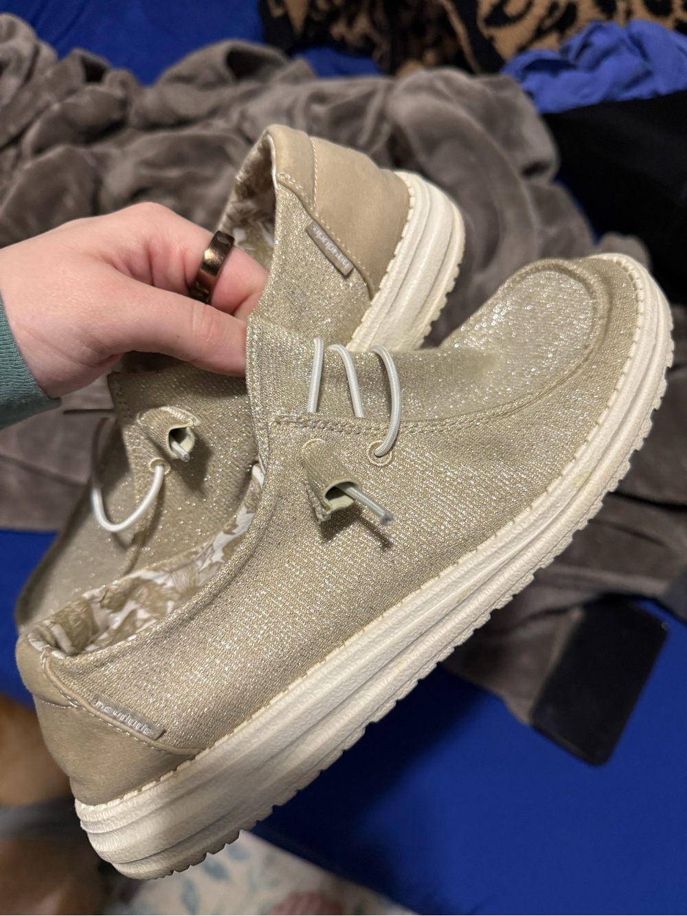Hey Dude Women's Glitter Slip-On Shoes in Light Gold